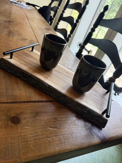 Live-edge wood serving tray with metal handles — Vallières Atelier